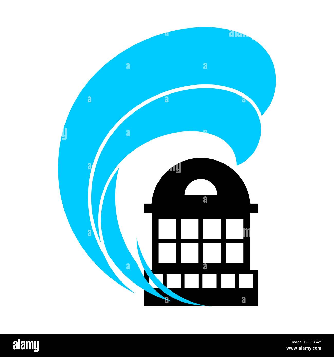 Edificio di inondazione. Casa di allagamento. Molti di architettura d'acqua. Diluvio istituzione. spontanea di disastro. Tsunami cataclysm city Illustrazione Vettoriale