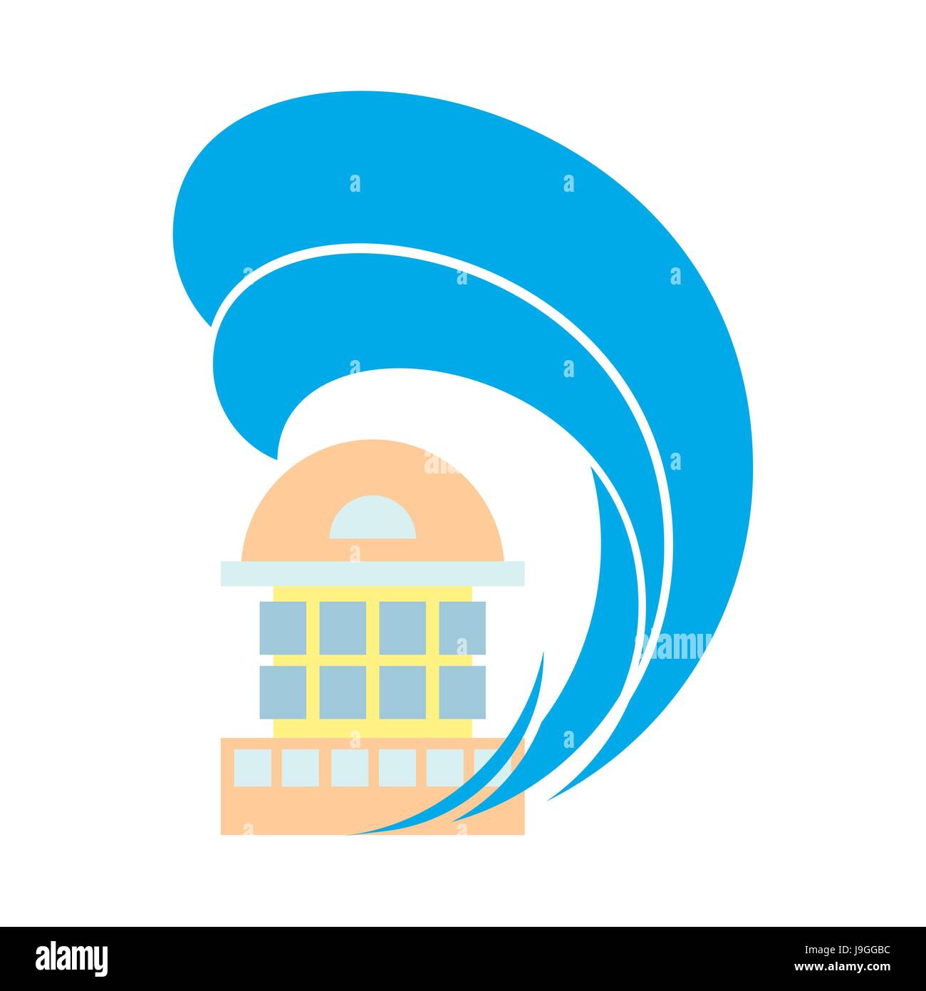 Edificio di allagamento. Molti di architettura d'acqua. Diluvio istituzione. Casa Flood. spontanea di disastro. Tsunami cataclysm city Illustrazione Vettoriale