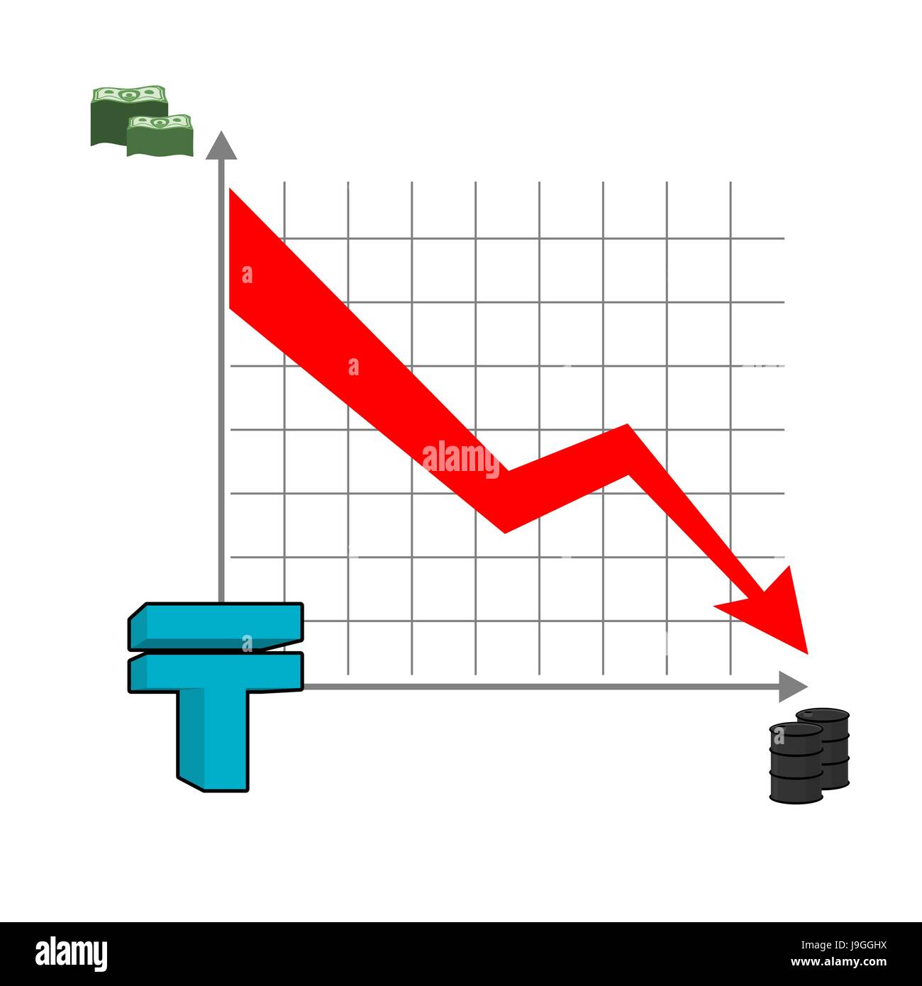 Il kazako tenge denaro cade. Caduta del tasso del tenge. Freccia rossa rivolta verso il basso. Riduzione dei costi dell'olio. Grafico della caduta della moneta nazionale in Kazakistan. Barili di o Illustrazione Vettoriale