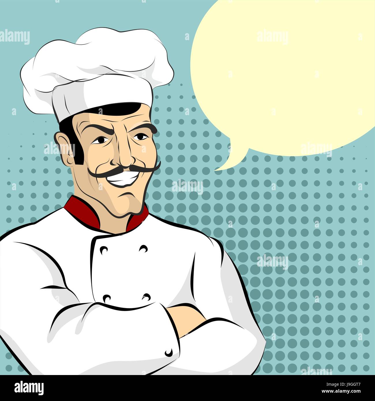 Cucinare e bolla. Cheesy cuoco italiano dice. Cucina professionale lavoratore in pop art style Illustrazione Vettoriale
