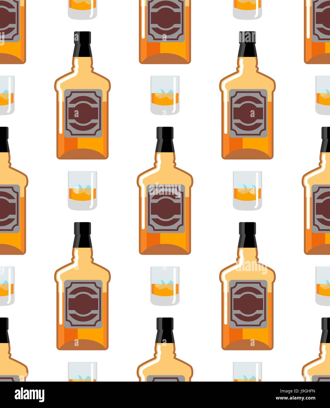 Bottiglia di Scotch seamless pattern. Bicchiere di whiskey e ghiaccio ornamento. bourbon sfondo. Bere sullo sfondo. Texture di alcool Illustrazione Vettoriale