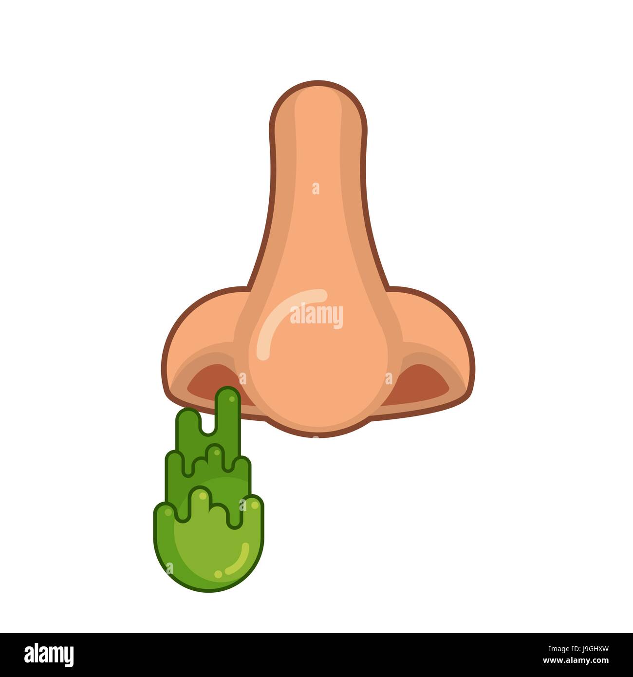 Snot naso. Melma verde che gocciola dalla sua narice. Grandi booger in naris Illustrazione Vettoriale