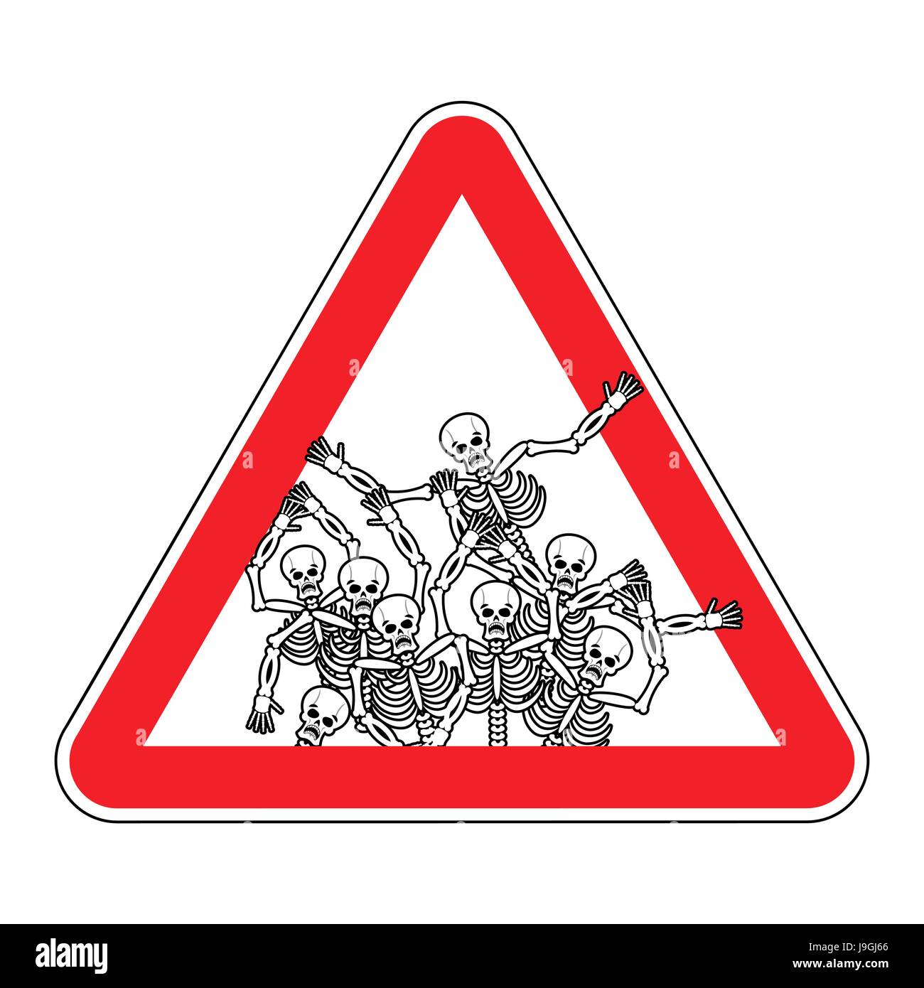 Un cartello di segnalazione di attenzione i peccatori. Pericoli segno rosso morto. Scheletri sul triangolo. L'inferno della segnaletica stradale il pagamento per i peccati. Attenzione terribile road Illustrazione Vettoriale