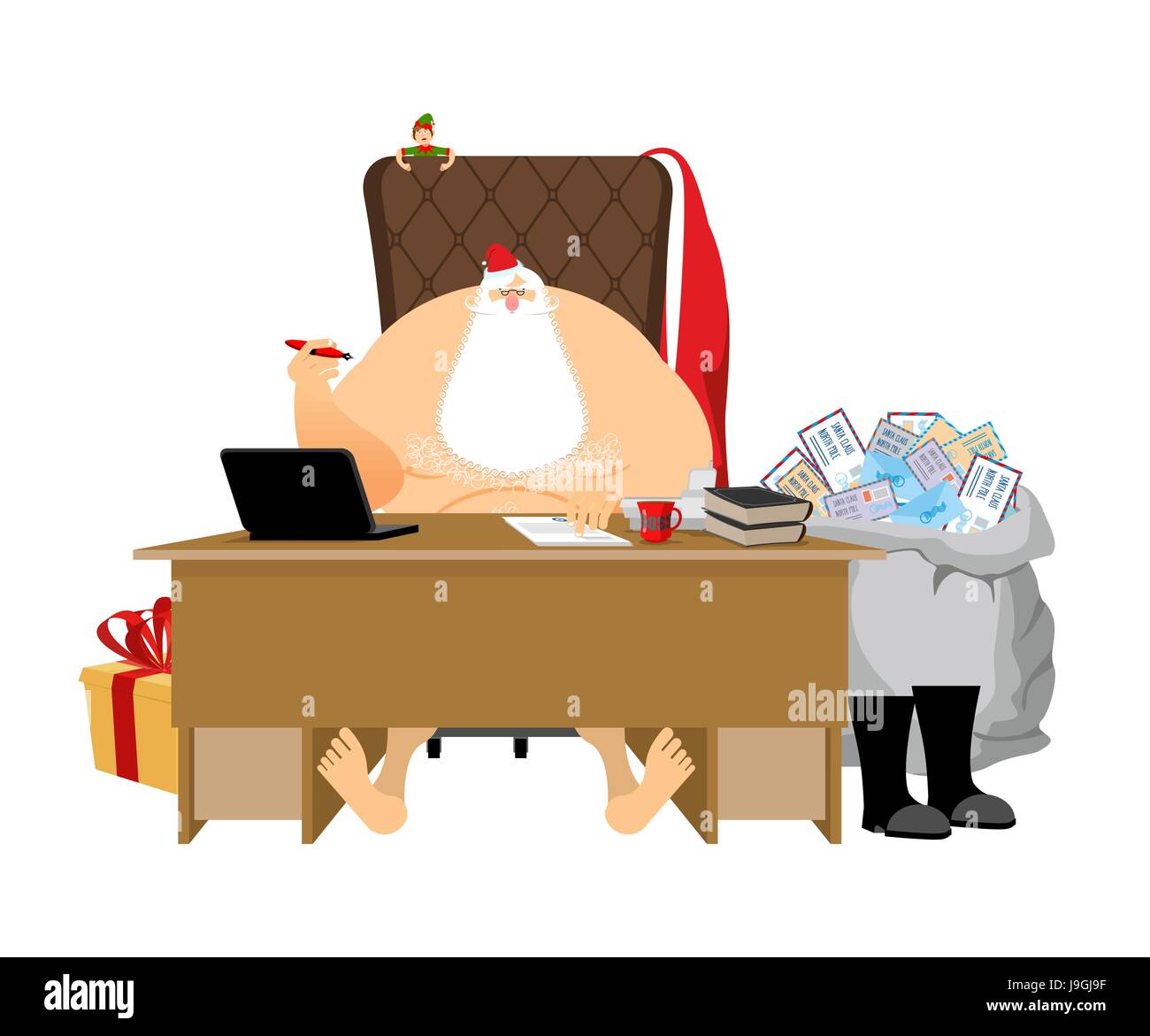 Babbo Natale al lavoro. Lettere di bambini. Big bag di buste della posta. Babbo Natale in ufficio. Elf natale aiutanti. Il trattamento della corrispondenza per bambini. Fa Illustrazione Vettoriale