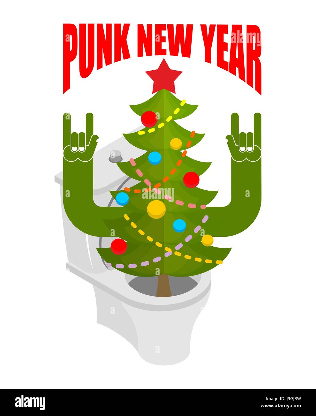 Punk Anno Nuovo. Decorate abete sorge nella tazza WC. comportamento scortese. Antisociale freak holiday Illustrazione Vettoriale