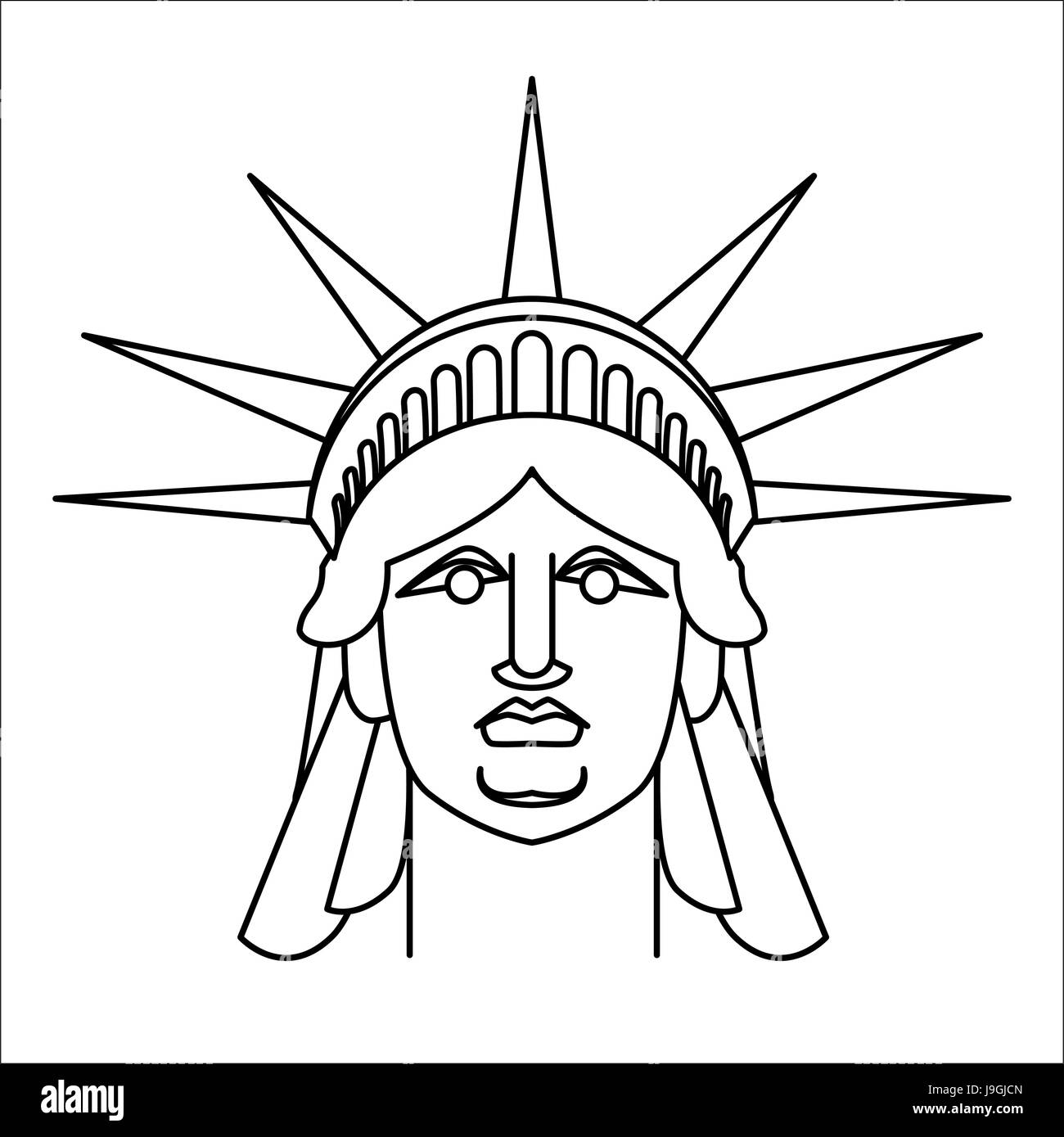 Testa della statua della libertà di stile lineare. Faccia la scultura in America. Monumento di architettura di noi. Pietra miliare storica nazionale negli Stati Uniti. Illustrazione Vettoriale