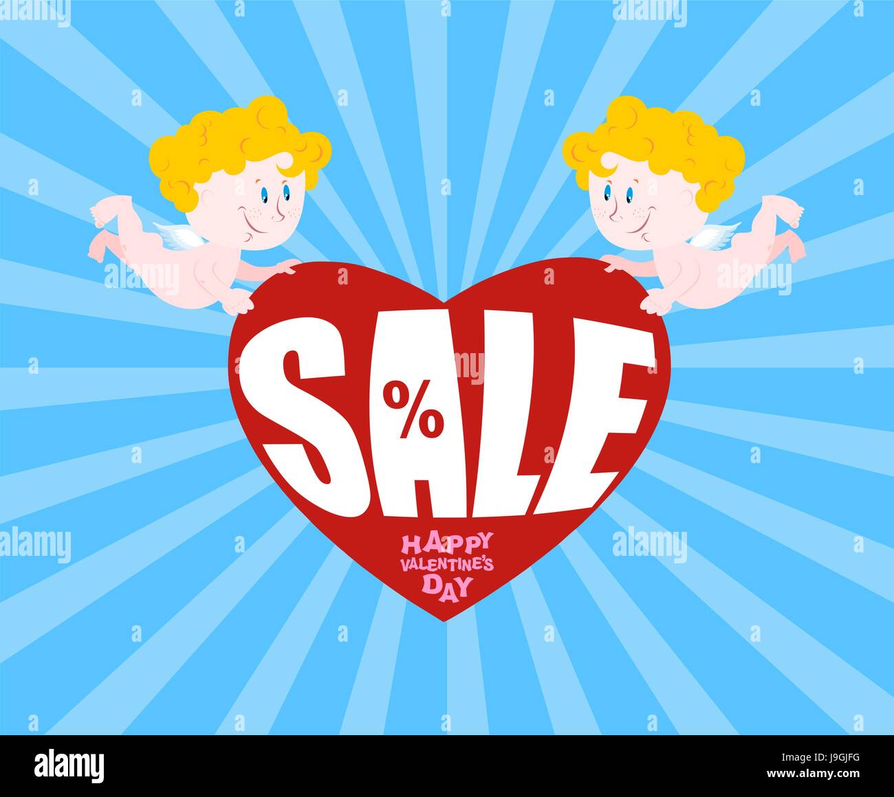 Grande vendita il giorno di San Valentino. Cupido e grande cuore. Sconti al gala al 14 febbraio. Esilarante Cupido detiene l'amore. Illustrazione Vettoriale