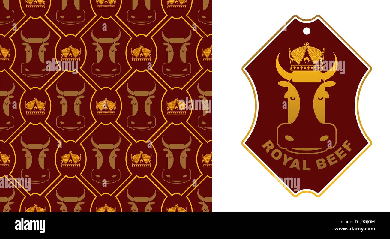 Royal Carni bovine logo. Vacca in corona. Eccellente qualità di carne. Logo per le attività agricole e la produzione di carne. Gli animali della fattoria e pattern di diadem Illustrazione Vettoriale