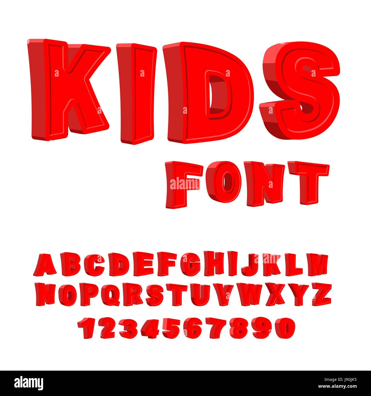 Kids font. 3D lettere. Alfabeto per bambini. Red divertente ABC per neonati Illustrazione Vettoriale