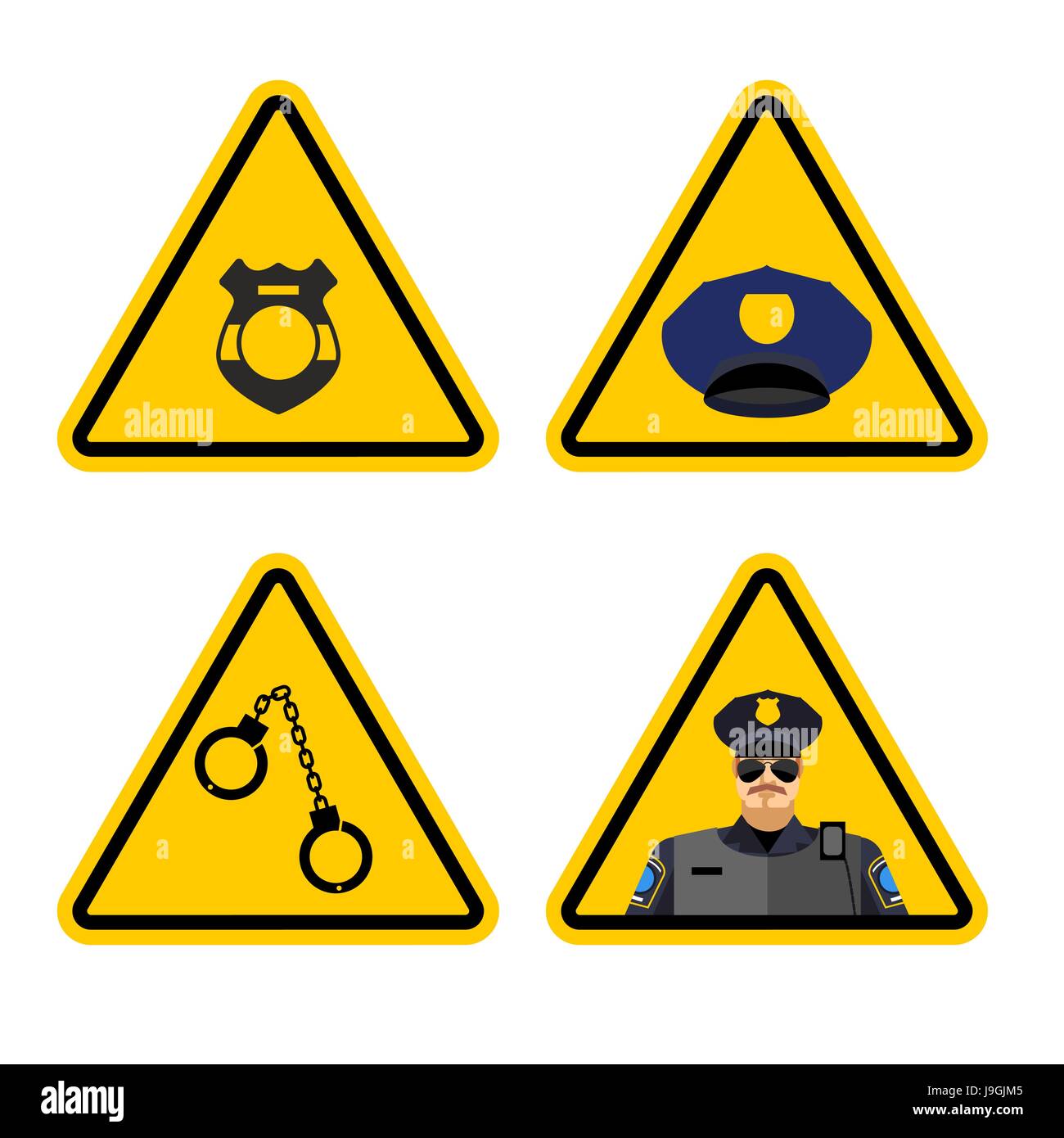 Segnale di avvertimento attenzione della polizia. Pericoli cartello giallo detenzione. badge e tappo. Impostare cartello stradale contro cop. poliziotto attenzione Illustrazione Vettoriale