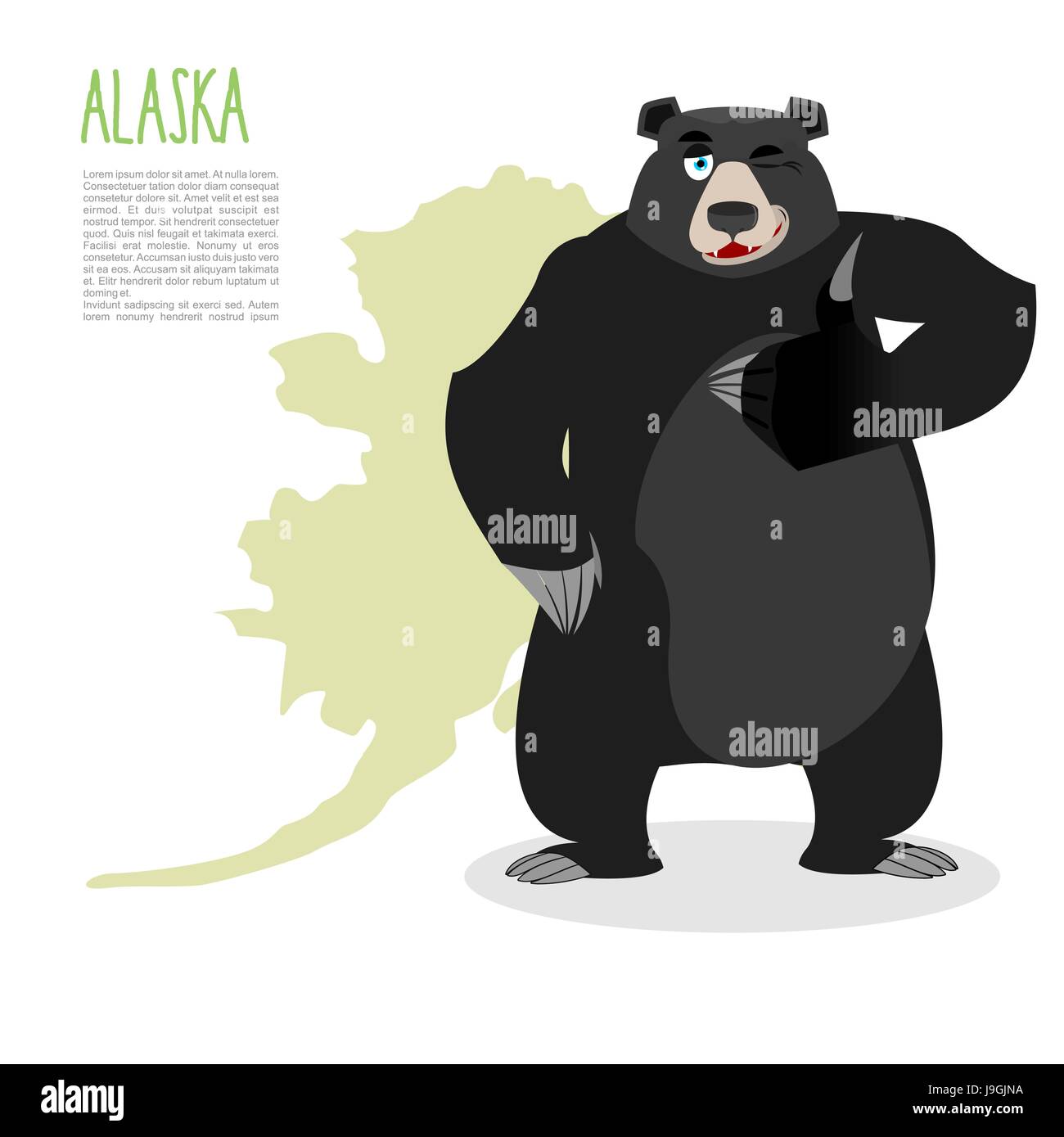 American black bear baribal e Alaska. Grizzlies mostra Thumbs up e winks. Buon segno animale in buone condizioni. Animale selvaggio e della mappa di stato degli Stati Uniti Illustrazione Vettoriale