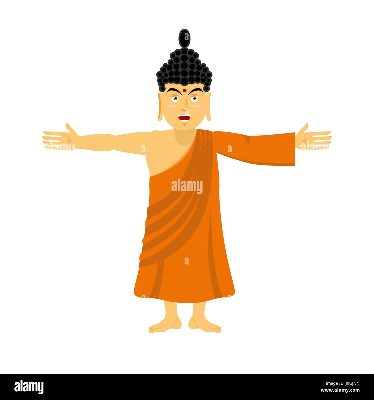 Il Buddha. Felice dio indiano diffondere le braccia in un abbraccio. Sommo Maestro per i Buddisti. Uomo Santo in arancione vesti Illustrazione Vettoriale