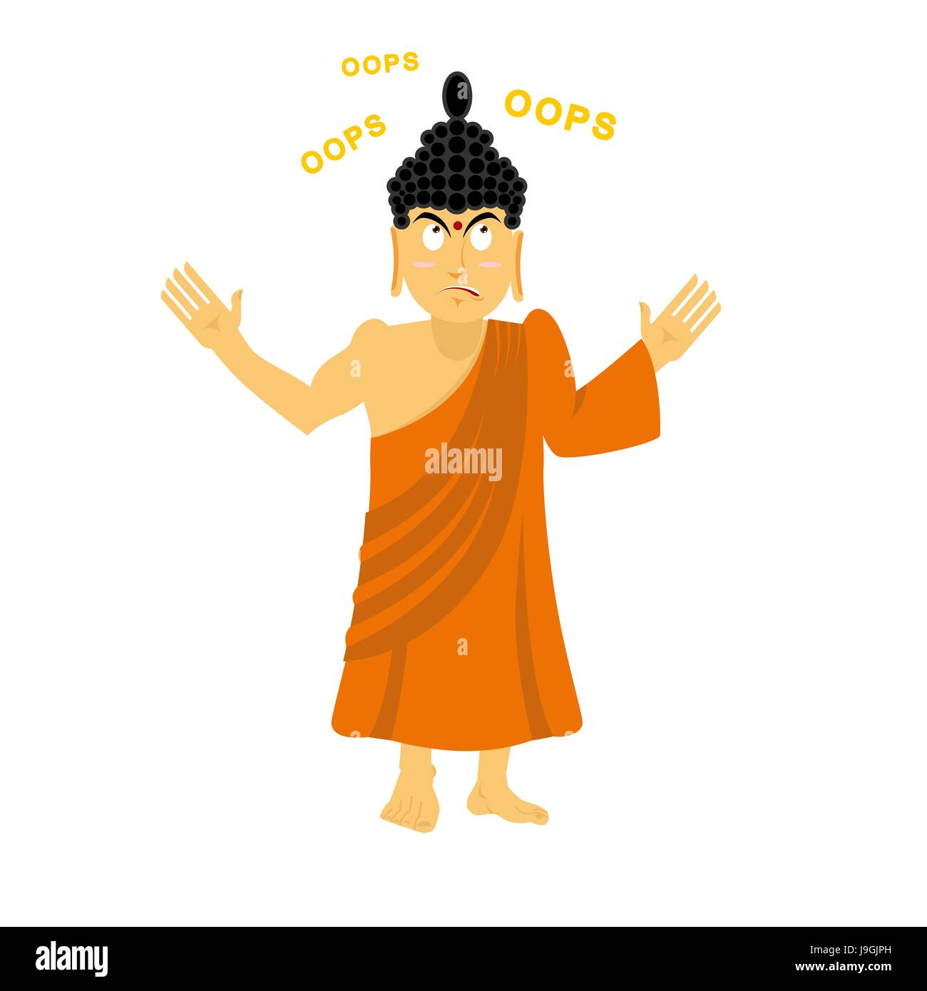 Sorpreso Buddha dice oops. Perplesso Indian dio. Sommo Maestro per i Buddisti. Uomo Santo in arancione vesti Illustrazione Vettoriale