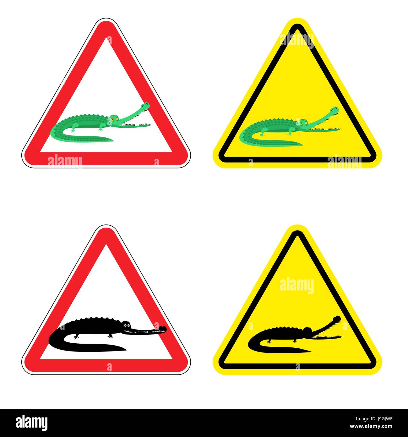 Un cartello di segnalazione di attenzione del coccodrillo. Pericoli cartello giallo alligatore aggressivi. Cayman sul triangolo rosso. Serie di cartelli stradali contro wild anfibio. Atten Illustrazione Vettoriale