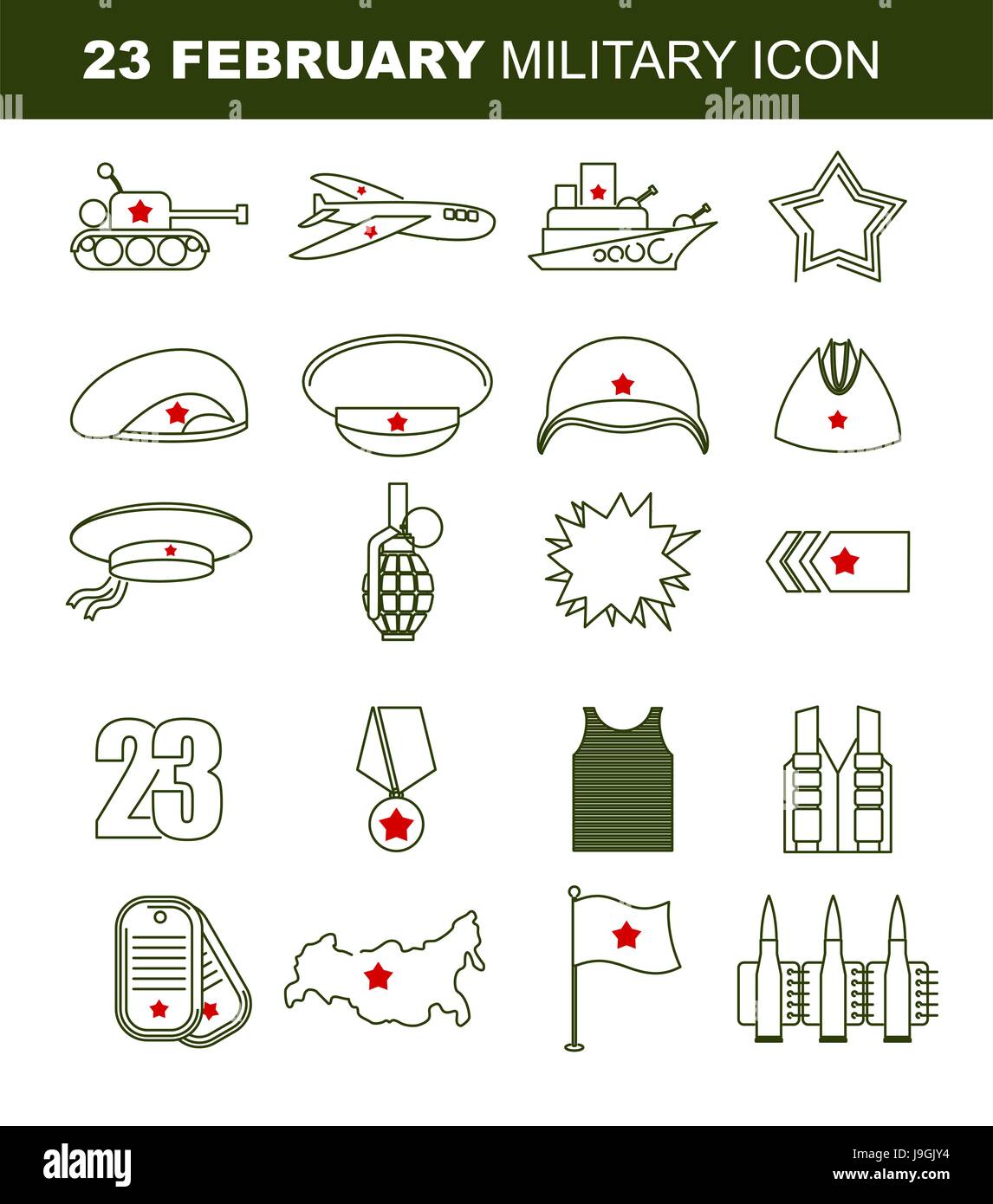 23 febbraio. Giorno di difensori della patria. Vacanza patriottica in Russia. Set lineare di icone sul tema militare. Il serbatoio e il piano. Nave da Guerra e stella. Il GRE Illustrazione Vettoriale