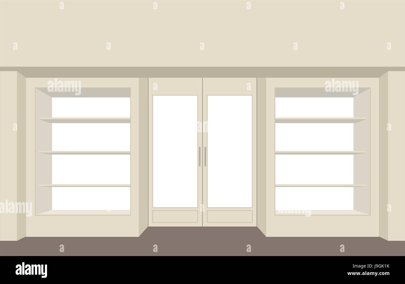 Negozio di facciata. Storefront vuota. Edificio per il negozio. Vetrine mensole finestra. Illustrazione Vettoriale