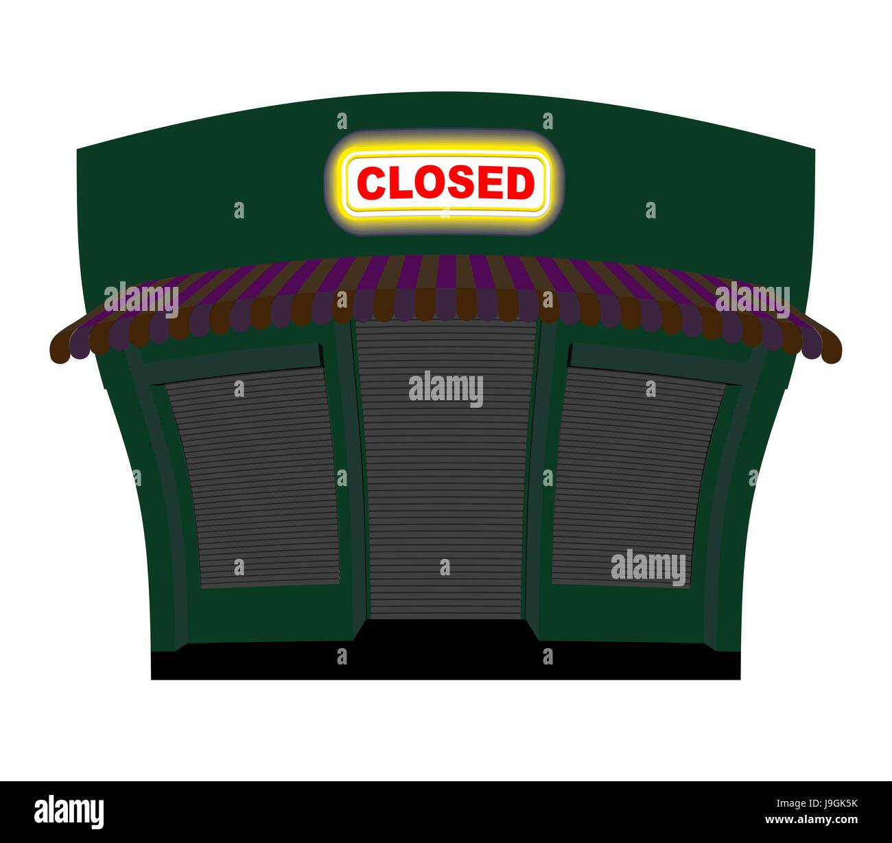 Il negozio è chiuso. Glow lapide sulla facciata del negozio. Shop edificio a notte. Le finestre e le porte sono chiuse. Illustrazione Vettoriale