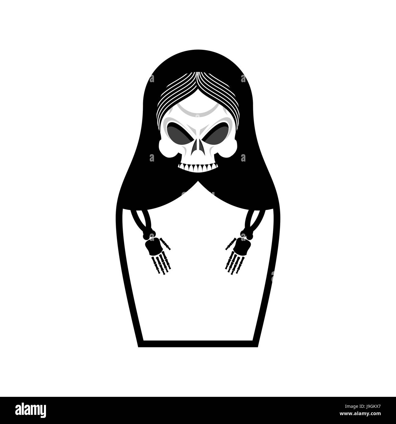 Matrioshka cranio. Folk russo bambola morte. Nazionale bambola nidificata Grim Reaper. Il giocattolo tradizionale in Russia. Souvenir per Halloween Illustrazione Vettoriale