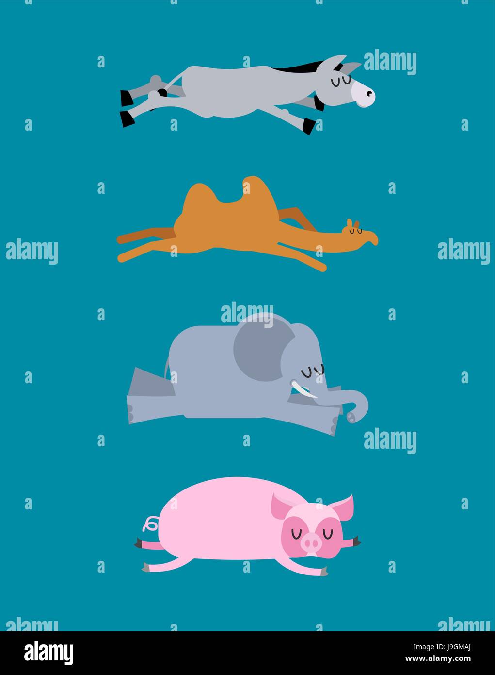 Gli animali a pelo set 4. Asino e elefante. Il cammello e il maiale. Animale selvatico dorme. Sonno bestia Illustrazione Vettoriale