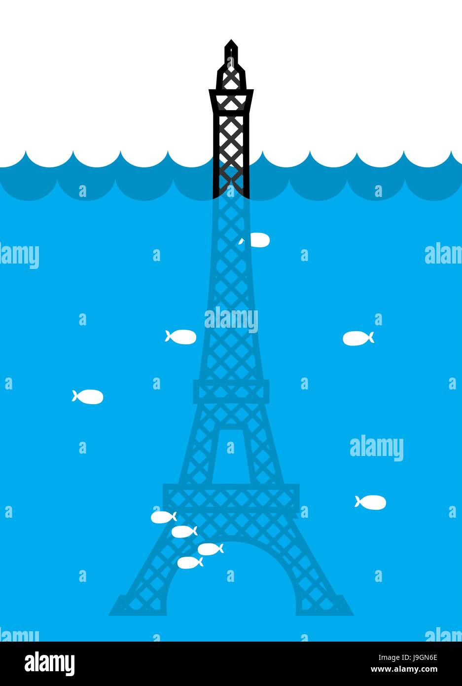 Torre Eiffel alluvione. diluvio a Parigi. Abbondanza di acqua e di pesce. Disaster Illustrazione Vettoriale