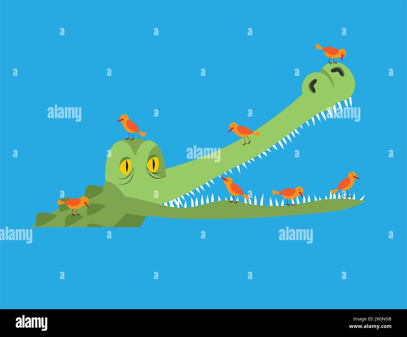 Coccodrillo e un uccello. Piccoli uccelli pulire i denti del coccodrillo. Relazione simbiotica Illustrazione Vettoriale