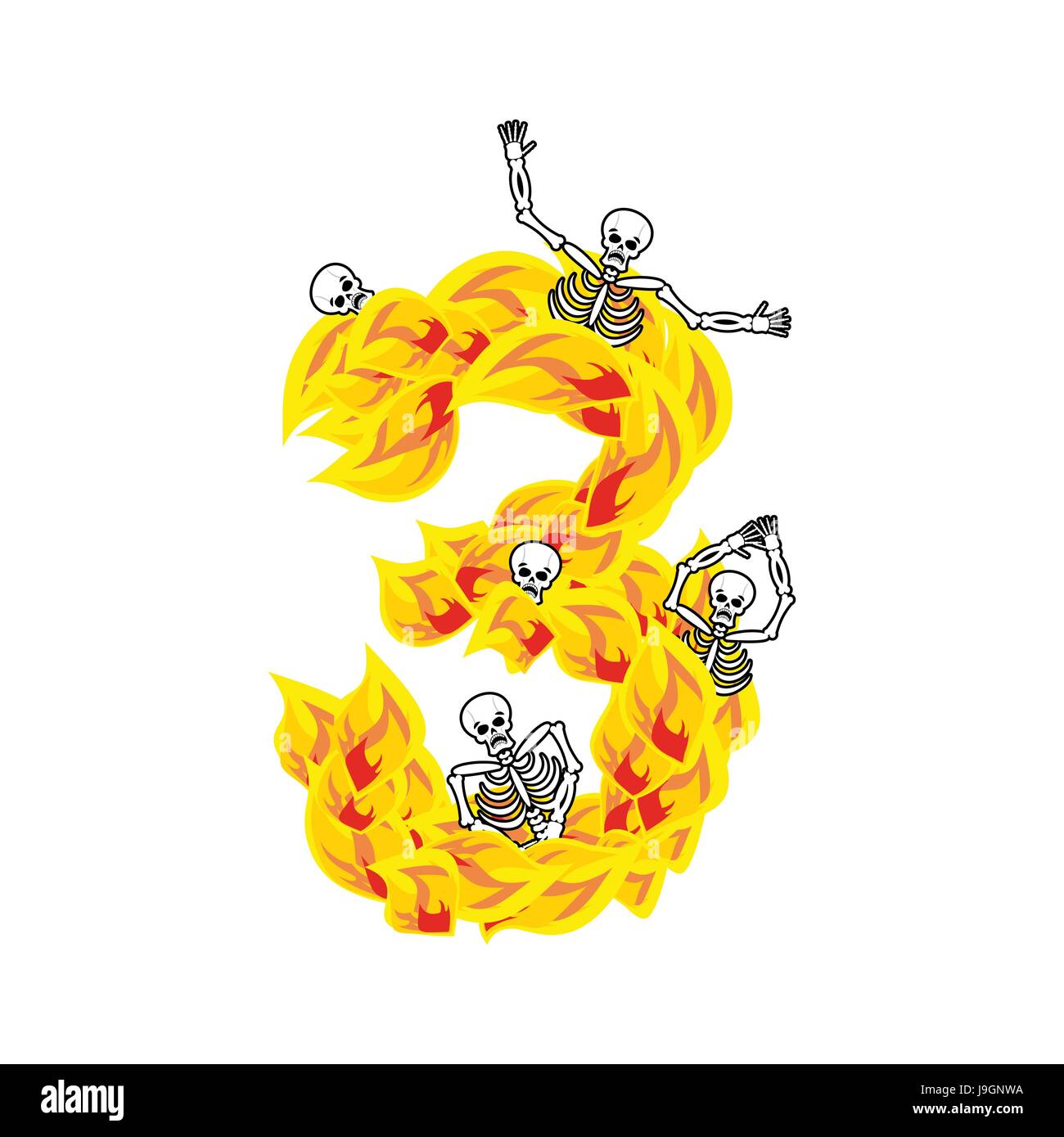 Numero 3 Fiamme infernali e peccatori font. Fiery scritte tre. Fuoco infernale alfabeto. ABC diabolica fiamma di morte satanico e lo scheletro Illustrazione Vettoriale