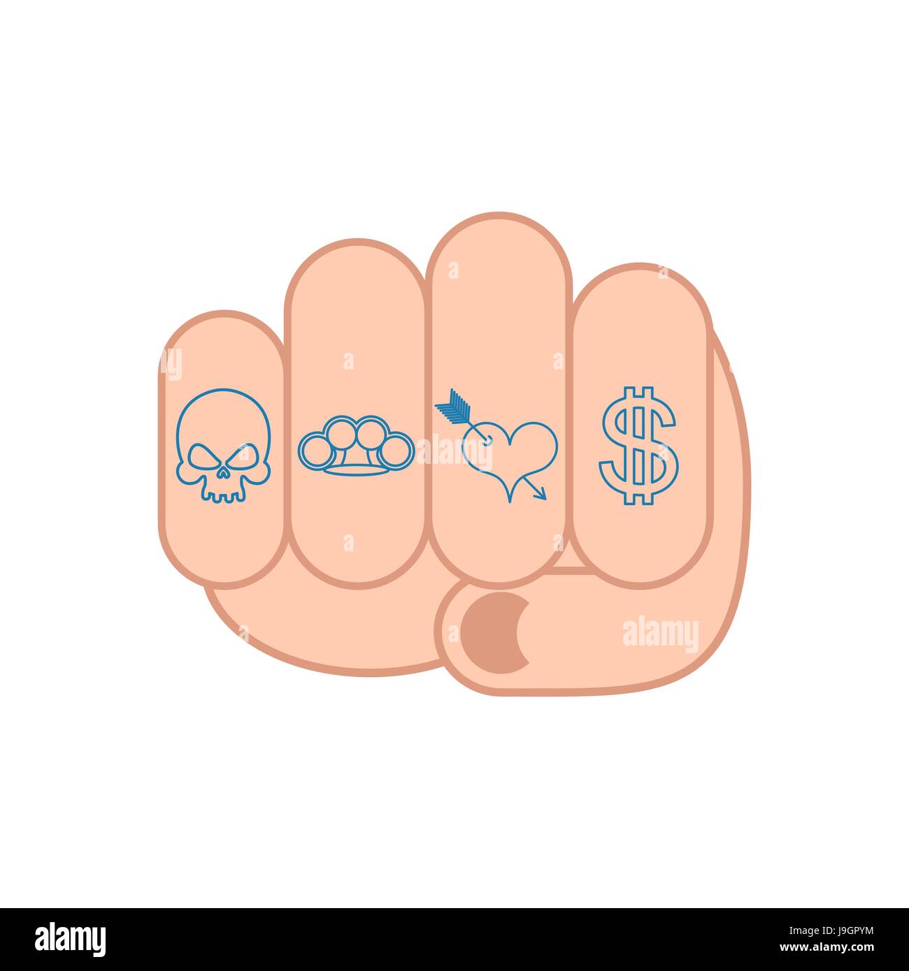 Pugno Con tatuaggio su dita. Cranio e brass knuckles. Cuore e dollaro  Immagine e Vettoriale - Alamy