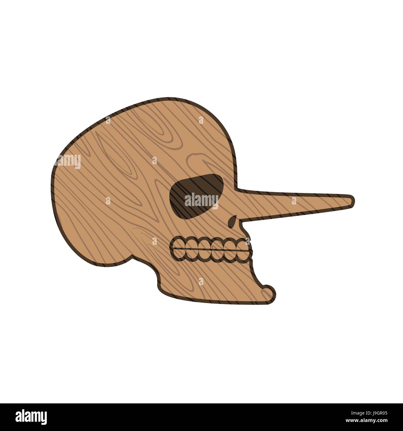 Cranio di Pinocchio. Scheletro di legno testa isolata su sfondo bianco Illustrazione Vettoriale