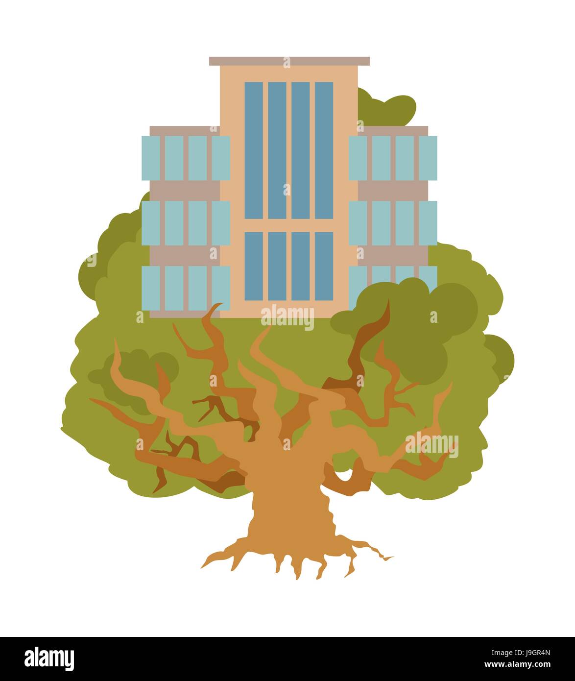 Casa sull albero. Edifici adibiti a ufficio in legno di quercia. Alligory nuovo quartiere residenziale Illustrazione Vettoriale