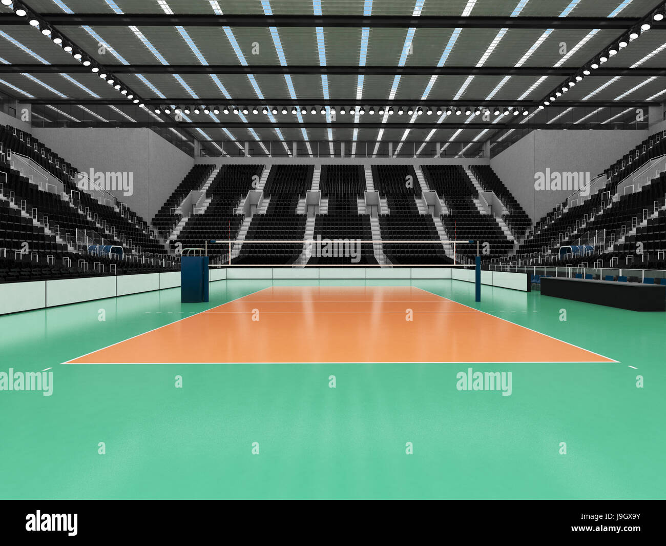 3D render di splendida arena sportiva per il gioco della pallavolo con faretti e posti a sedere neri e scatole di VIP per dieci mila persone Foto Stock