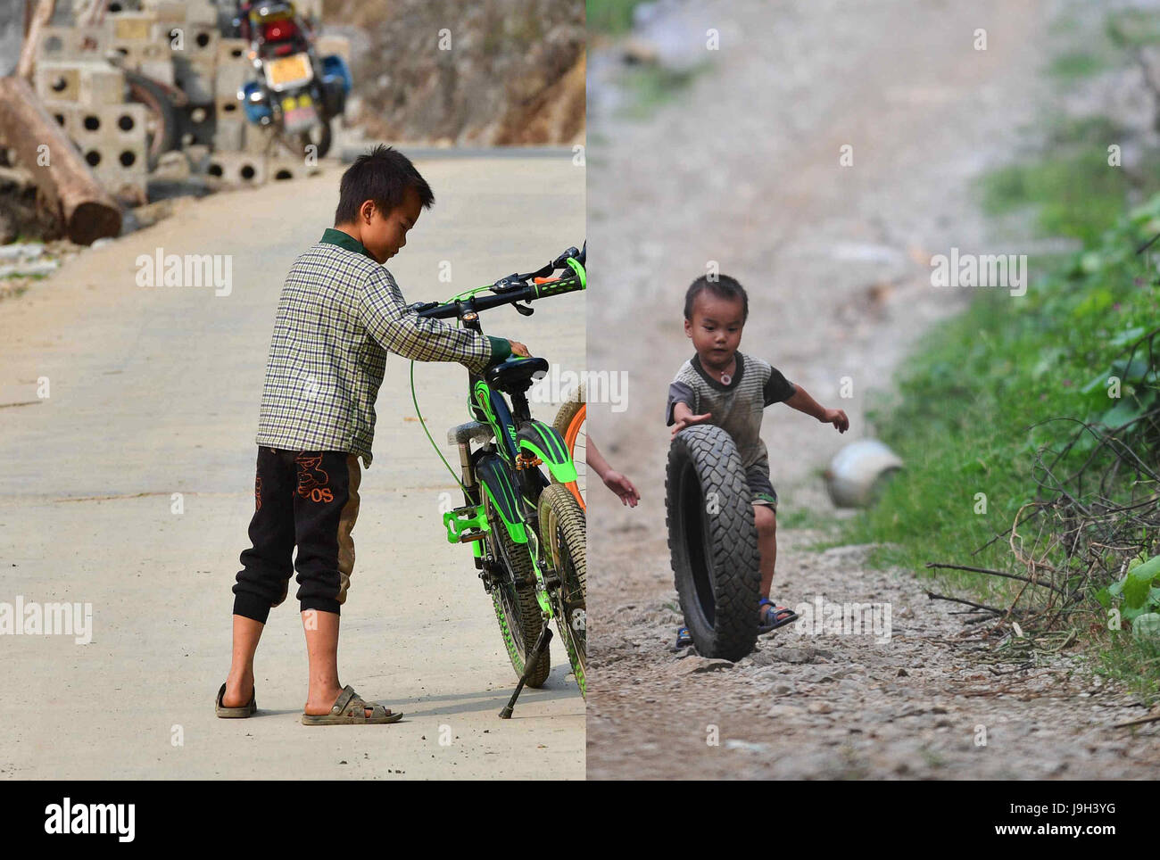 (170602) -- NANNING, Giugno 2, 2017 (Xinhua) -- combinati mostra fotografica Xiaoshuai Lan giocando con la sua bicicletta il 25 gennaio, 2017 (L) e se stesso sulla luglio 16, 2012 Nongyong nel villaggio di Dahua County, a sud della Cina di Guangxi Zhuang Regione autonoma. I bambini che vivono in miseria, regione montuosa nel Guangxi hanno testimoniato la loro vita girare nuovo di zecca negli ultimi sette anni, con i loro bisogni fondamentali per la vita e la scuola soddisfatto grazie alla riduzione della povertà gli sforzi del governo locale. Liscia strade rurali e nutriente e pranzo a scuola sono diventati nuovi ricordi di infanzia. Totale della popolazione povera Foto Stock