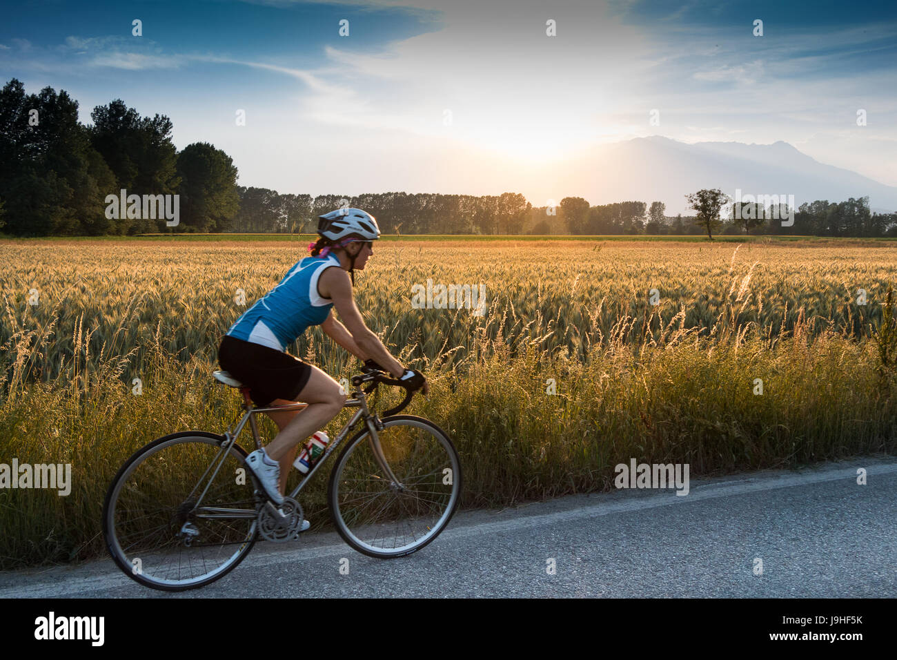 Una donna in bicicletta attraverso la campagna campi di grano in Italia al tramonto cycletouring tour in bicicletta viaggiare in bicicletta Foto Stock