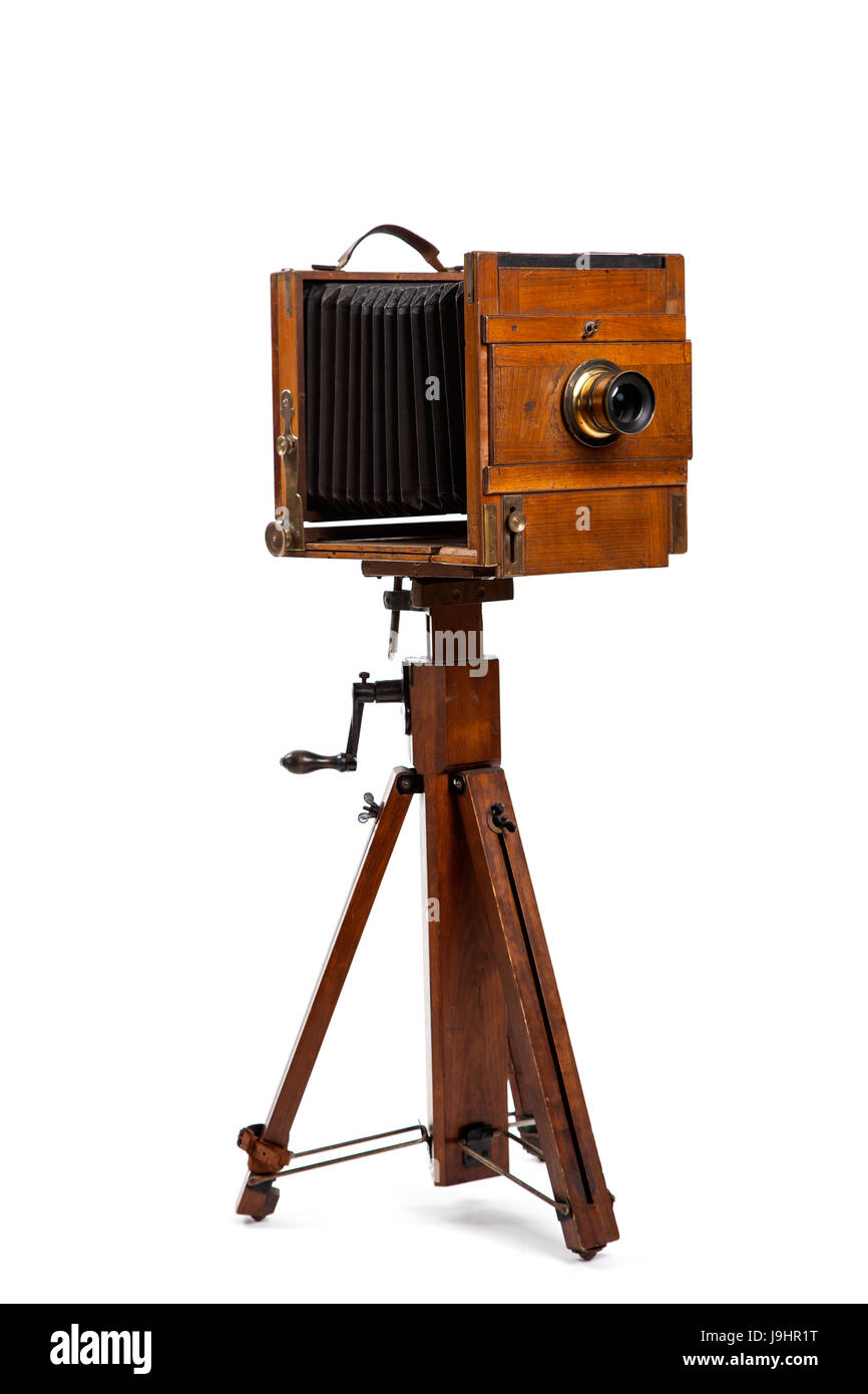 Storico, foto, fotocamera, treppiede, storico, isolato, opzionale, legno, Foto Stock