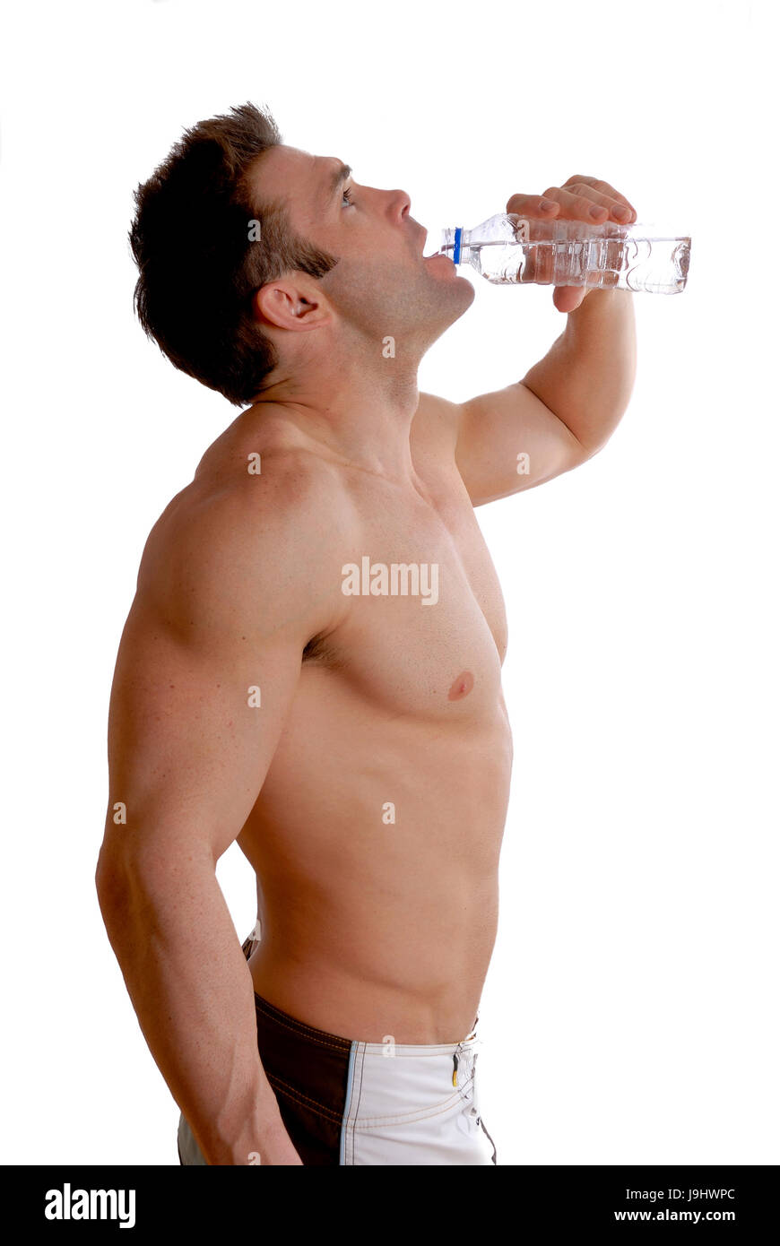 Bere acqua potabile, bavaglini, sport, sport, isolato, forte, maschio, maschile, vuoto, Foto Stock