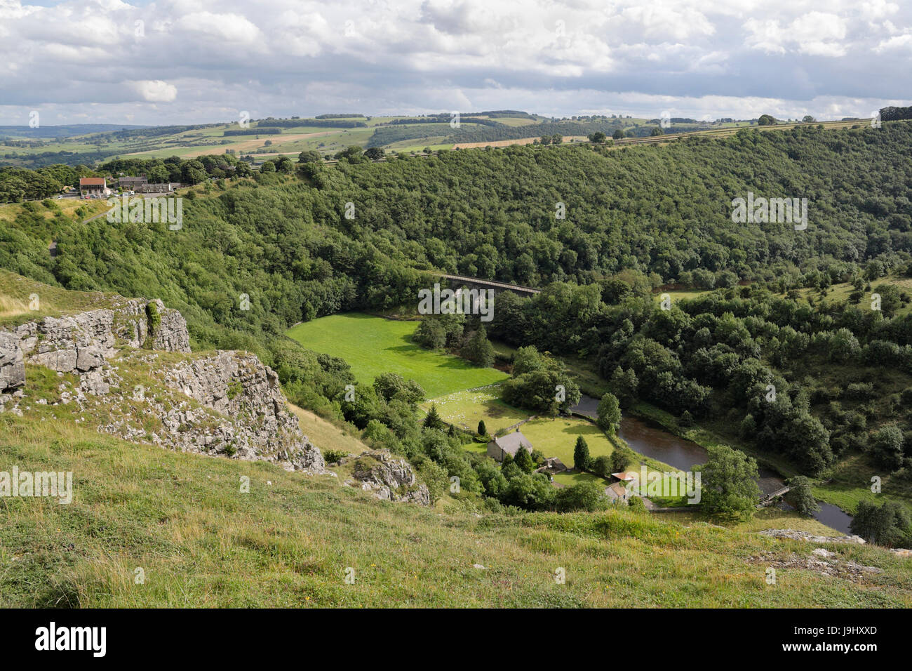 Monsal Head vista da una scogliera sopra Monsal Dale, Derbyshire Peak District National Park England UK Woodland landscape River Wye Valley Foto Stock