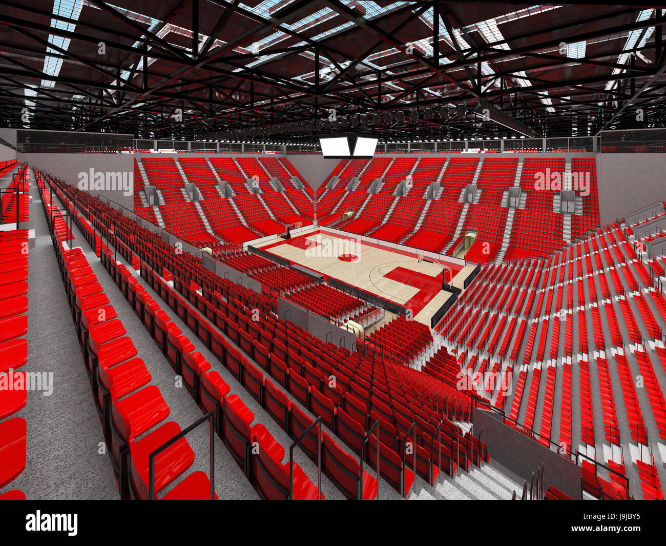 3D render di splendida arena sportiva per la pallacanestro con faretti e sedi di rosso e scatole di VIP per dieci mila persone Foto Stock