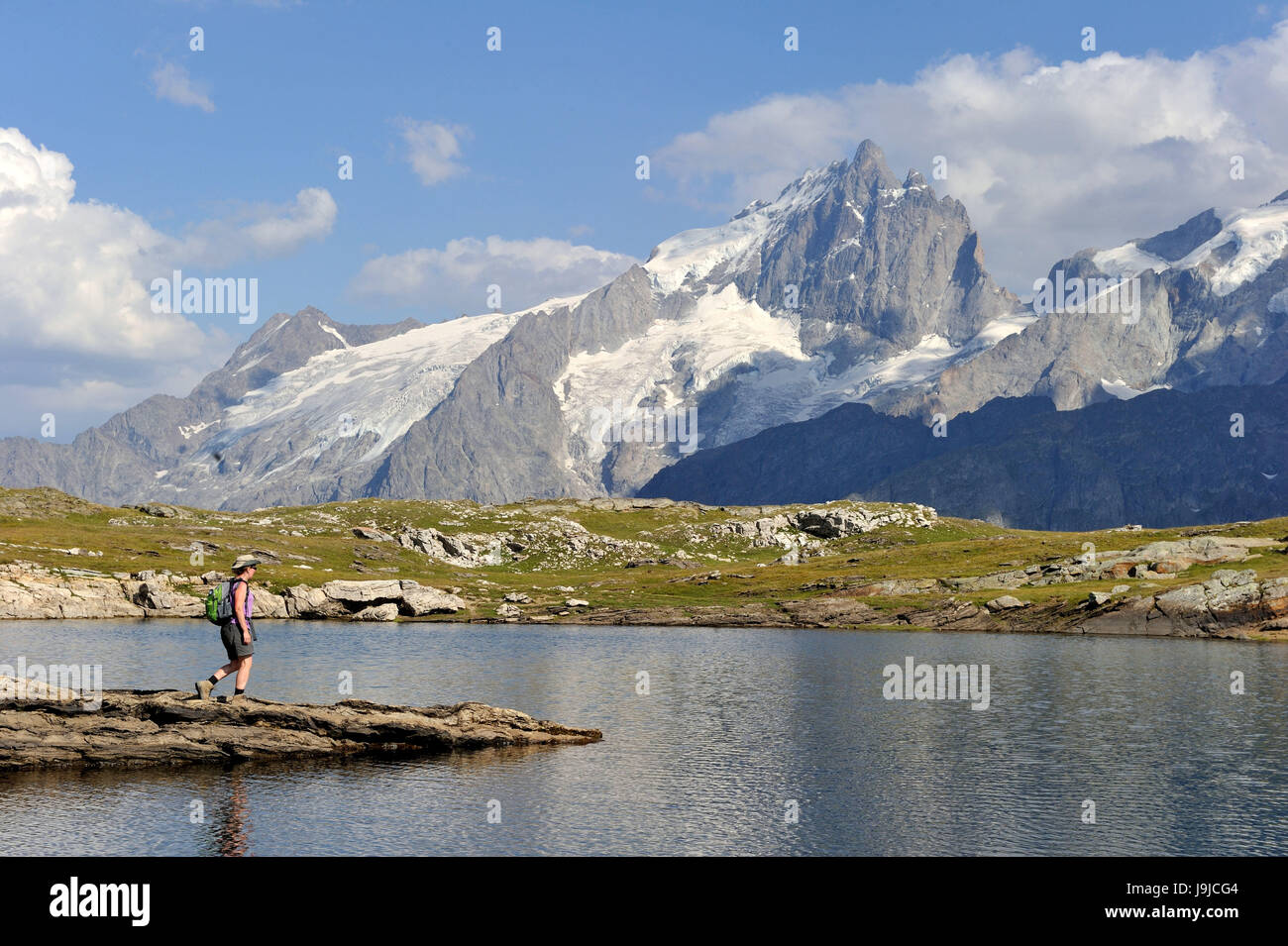 Francia, Hautes-Alpes, Parco Nazionale Écrins, Lago Nero sull'Emparis plateau e il Massif de la Meije (3982 m) Foto Stock