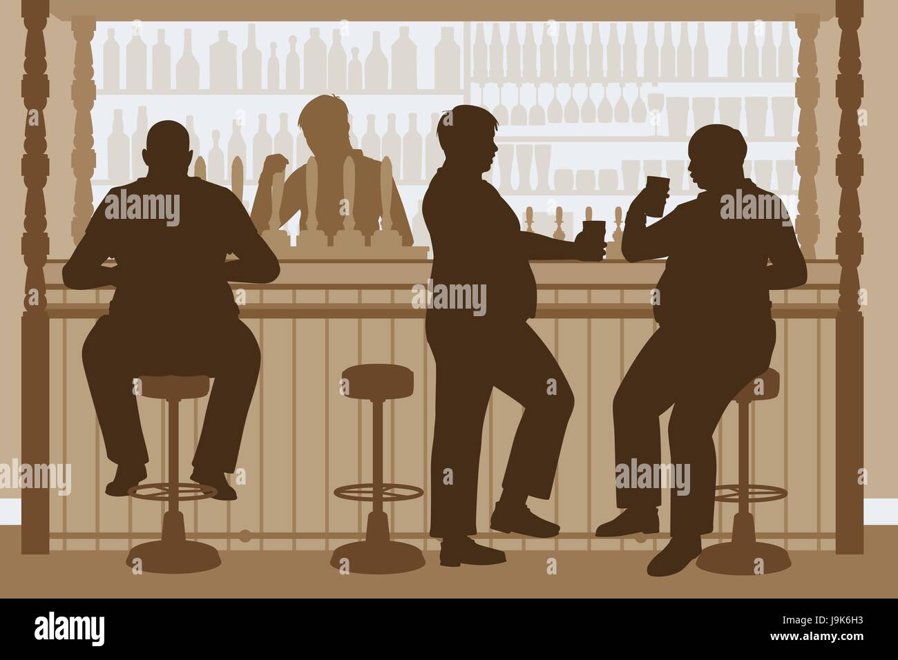 Modificabile illustrazione vettoriale di sovrappeso e gli uomini a bere birra al bar Illustrazione Vettoriale