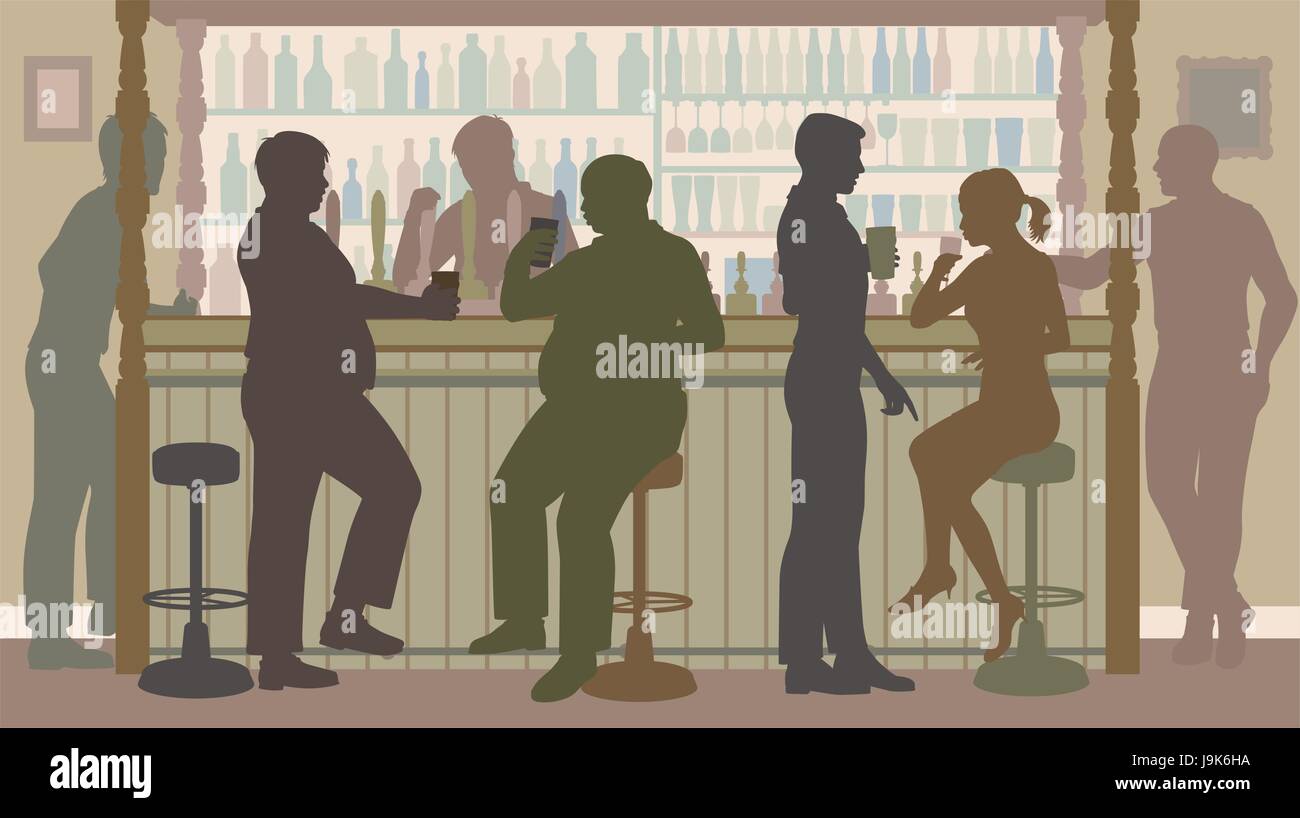 Modificabile illustrazione vettoriale di vari socievole persone intorno a un bar molto rumoroso Illustrazione Vettoriale