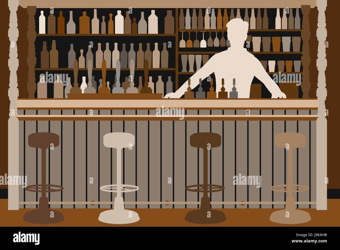 Modificabile illustrazione vettoriale di un barman al suo bar ben rifornito Illustrazione Vettoriale