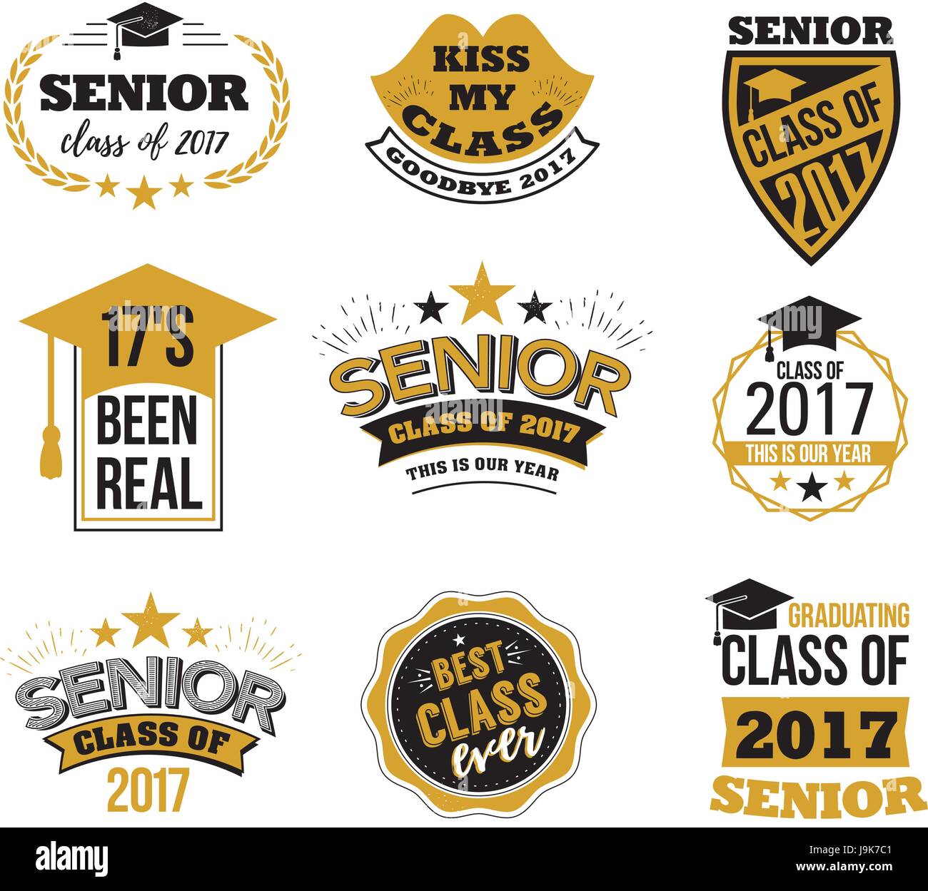 Il set di nero e colore oro senior segni di testo con la graduazione Cap, nastro illustrazione vettoriale. Classe di 2017 badge grunge su sfondo bianco. Illustrazione Vettoriale