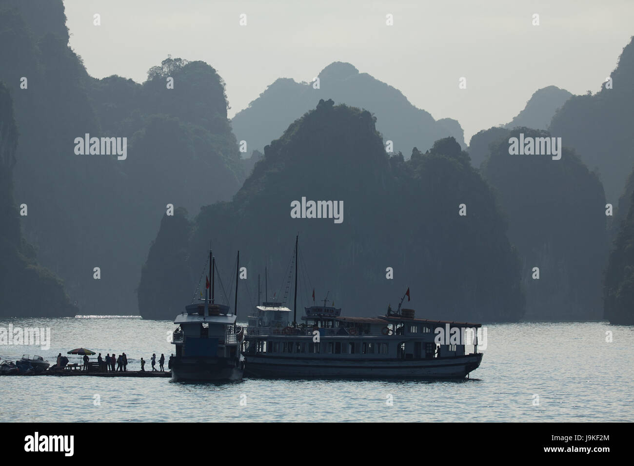 Battelli turistici e pietre calcaree carsiche, la baia di Ha Long (UNESCO World Heritage Site ), Quang Ninh Provincia, Vietnam Foto Stock