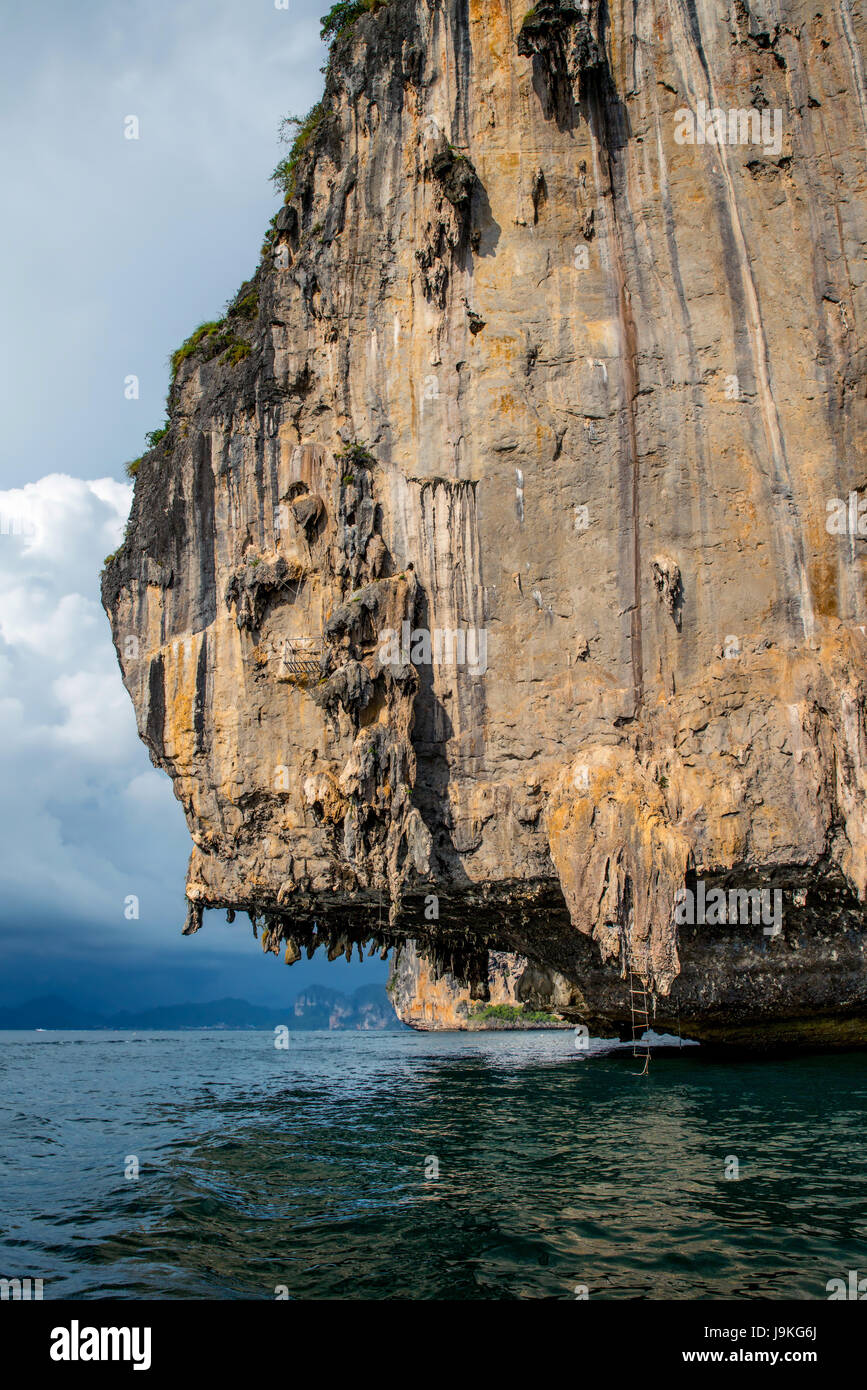 Scogliere calcaree in piedi sul mare intorno all'isola Phi-Phi giorno orario Foto Stock