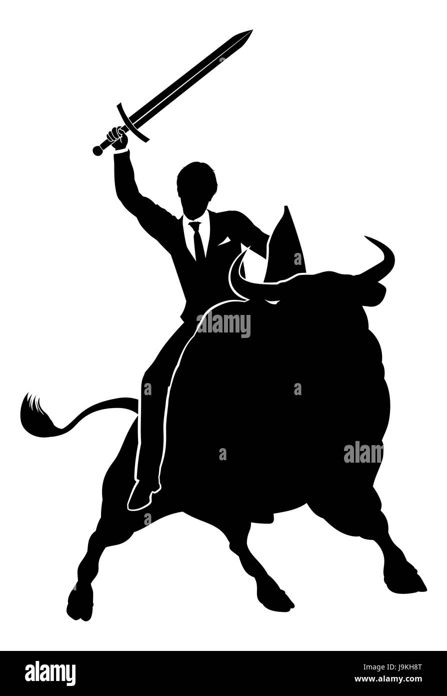Finanziarie o di borsa business illustrazione concettuale di un imprenditore a cavallo di un cavaliere del toro che tiene una spada e scudo Foto Stock