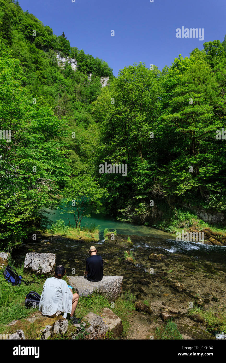 Francia, Doubs, Ouhans, il fiume Loue vicino alla sorgente Foto Stock