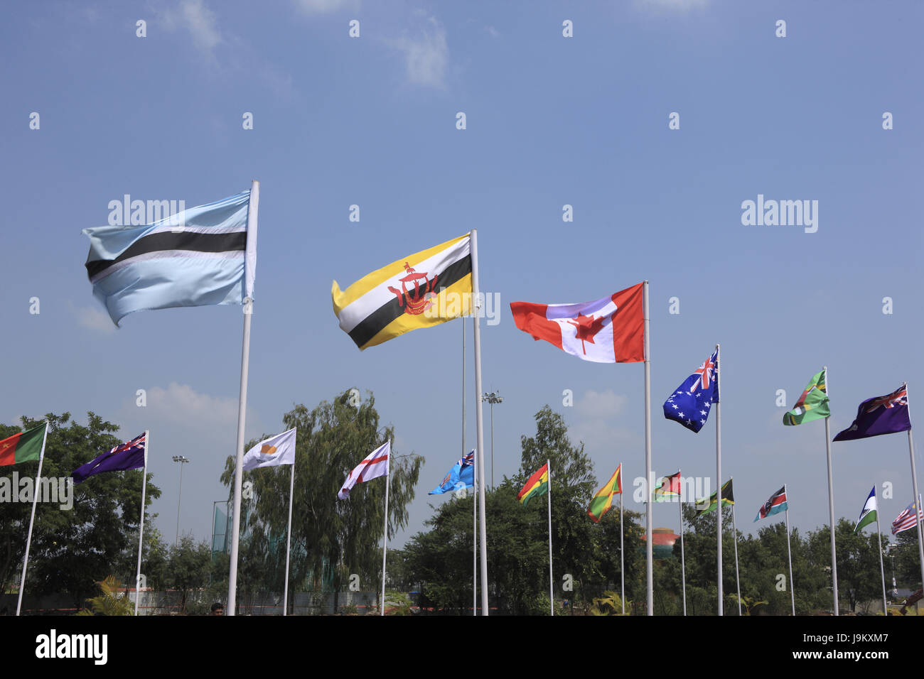 Bandiere Commonwealth Giochi della Gioventù di Pune, Maharashtra, India, Asia Foto Stock