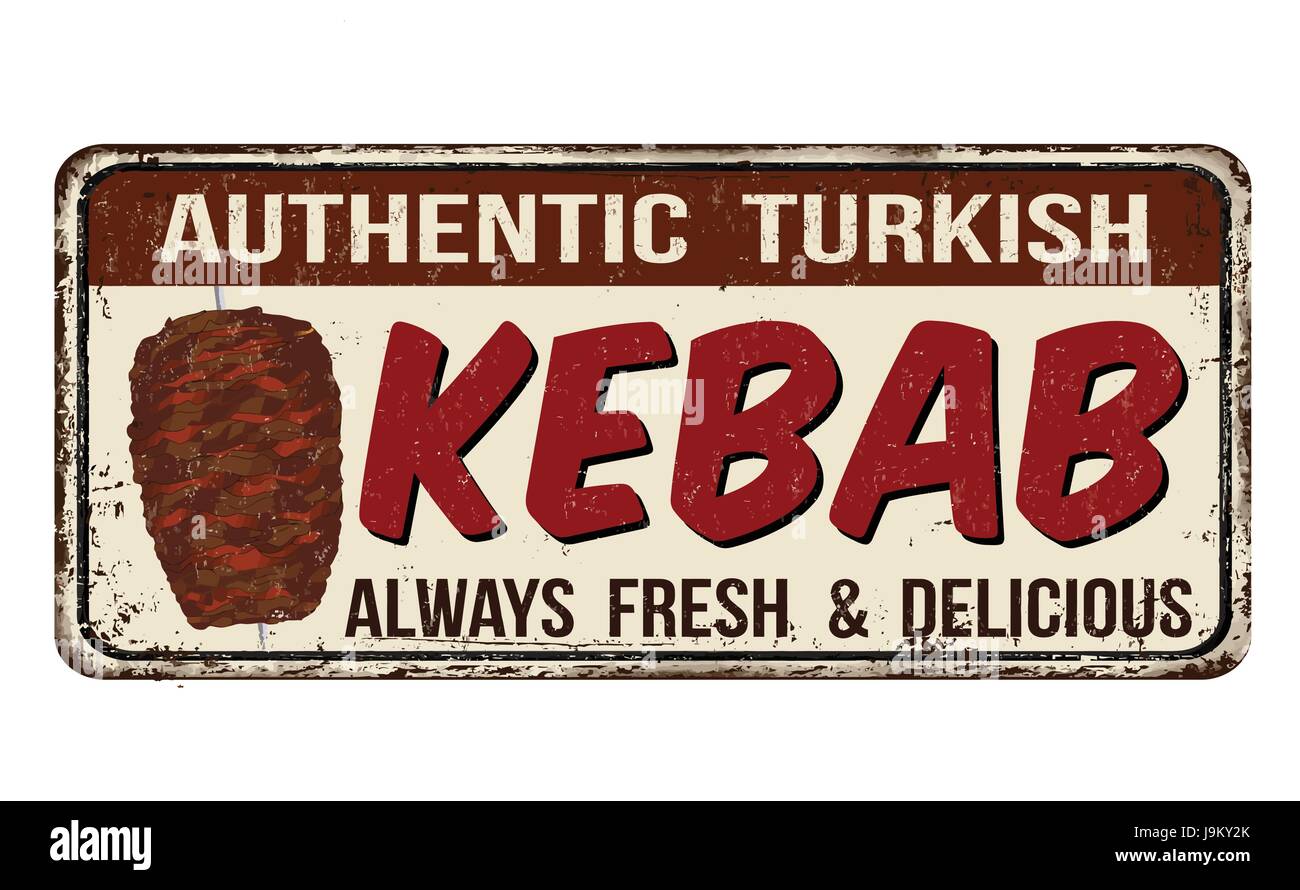 Kebab vintage metallo arrugginito segno su uno sfondo bianco, illustrazione vettoriale Illustrazione Vettoriale