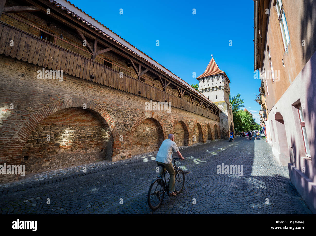 Potter's Tower (Turnul Olarilor) e vecchie mura su una strada Cetatii (castello o fortezza Street) a Sibiu città di Transilvania regione, Romania Foto Stock