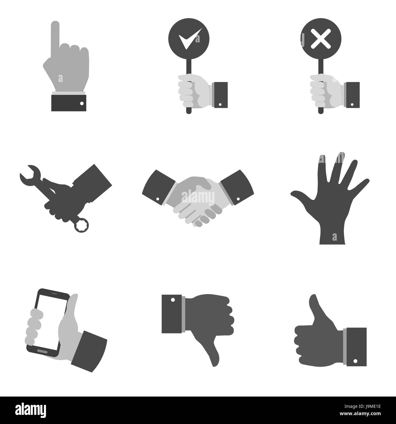 Set di mano grigia icone e simboli in elegante stile piatto isolato su sfondo bianco. Illustrazione Vettoriale di elementi per il vostro web site design, logo, app Illustrazione Vettoriale