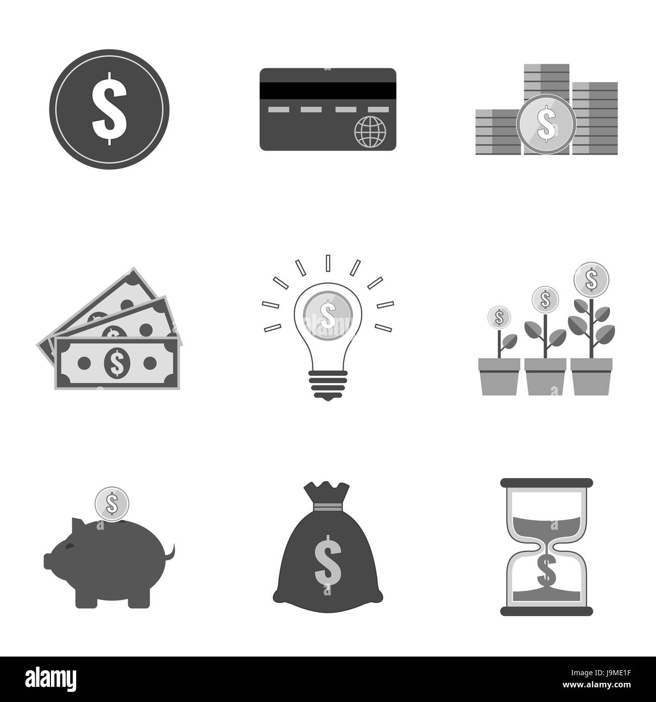 Set di icone di denaro e i simboli in un elegante stile piatto isolato su sfondo bianco. Illustrazione Vettoriale di elementi per il vostro web site design, logo, app, UI Illustrazione Vettoriale